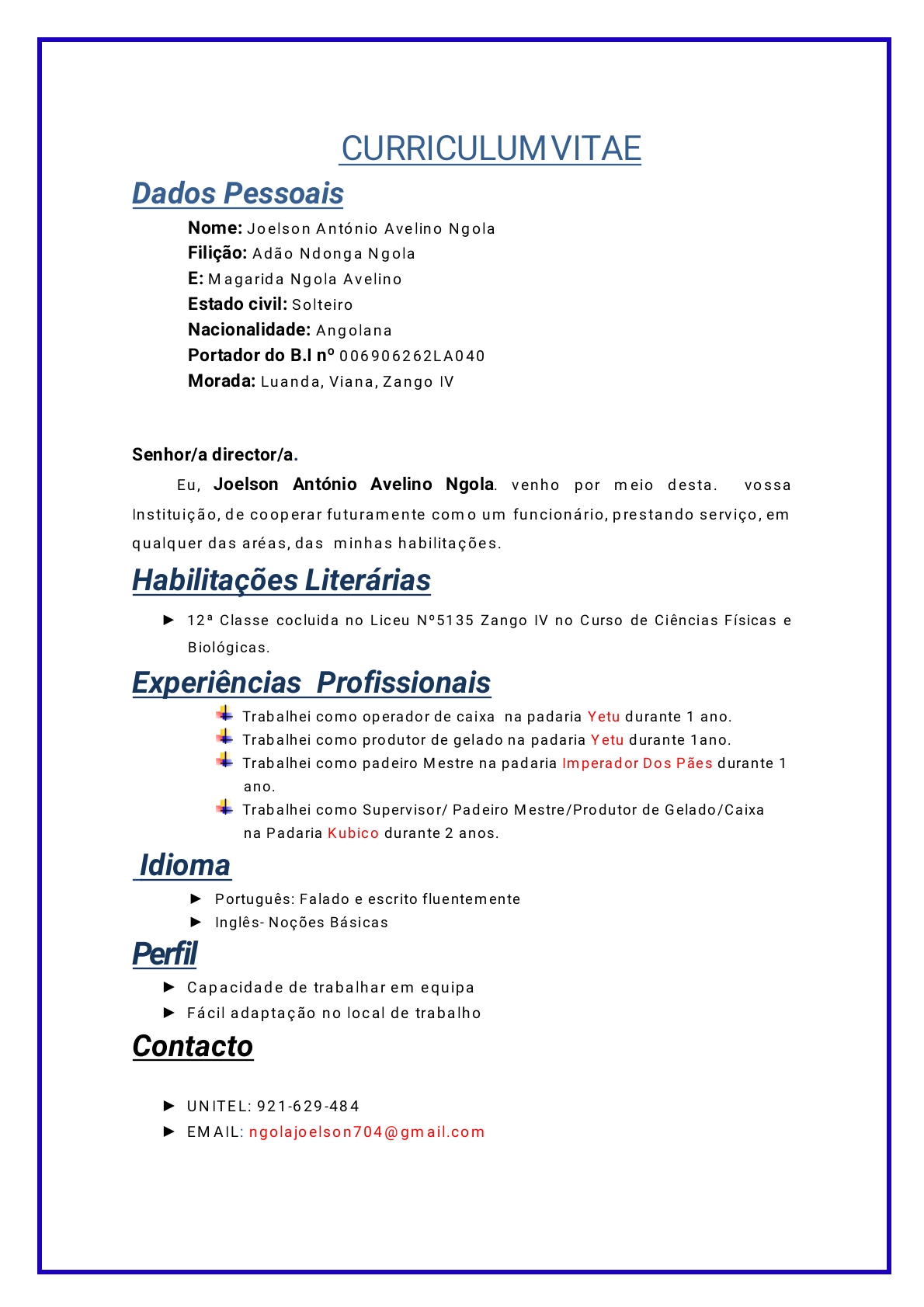 Solicitação de vaga para trabalho 