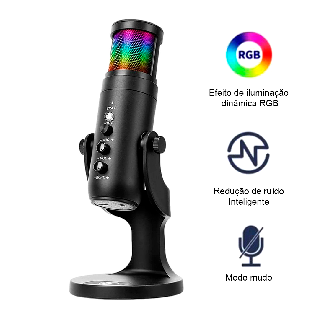 Microfone USB Desktop, Microfone para Podcast, Microfone para Jogos de PC, Redução de Ruído Perceptível Iluminação RGB