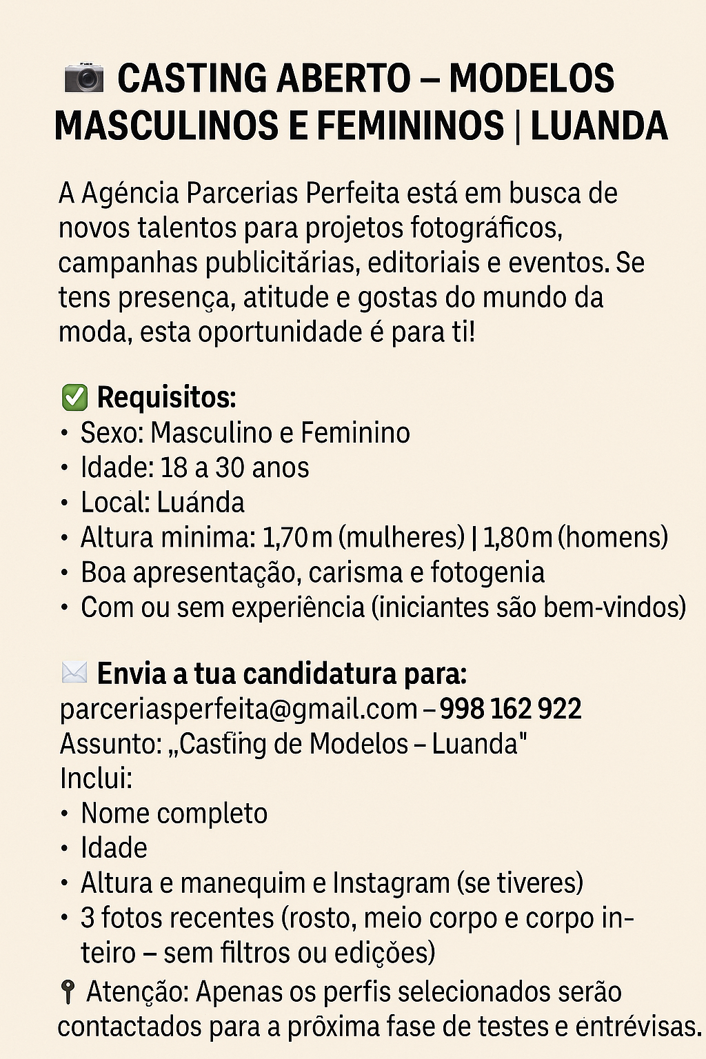 CASTING ABERTO – MODELOS MASCULINOS E FEMININOS | LUANDA